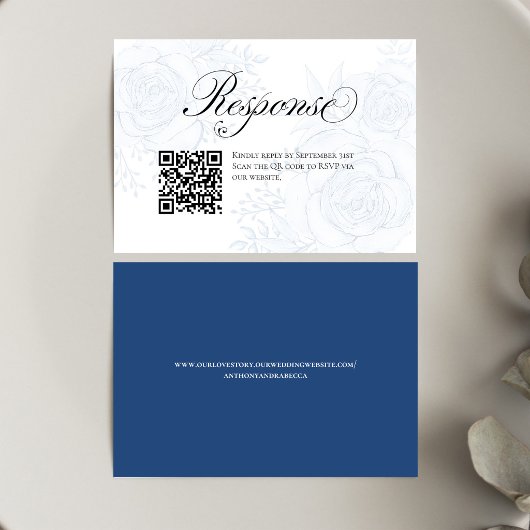Blue Floral QR Code Wedding RSVP Insert Card