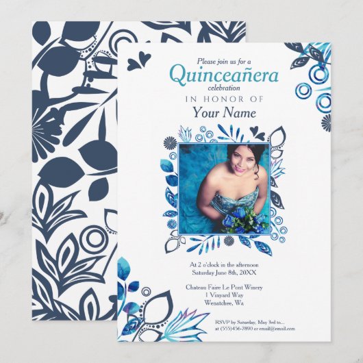 Blue Floral Quinceañera Kaart (Voorkant / Achterkant)