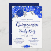 Blue Floral Quinceañera Uitnodiging in het Spaans (Voorkant / Achterkant)