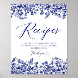 Blue Floral Recipe Kaarten Sign Laat je recept ach Poster