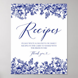 Blue Floral Recipe Kaarten Sign Laat je recept ach Poster