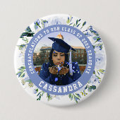 Blue Floral Roos Afstuderen Foto Button (Voorkant)