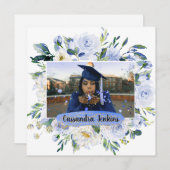 Blue Floral Roos Graduation Party Aankondiging (Voorkant / Achterkant)