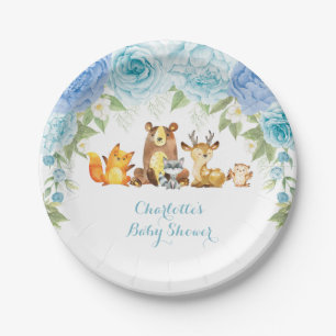 Blue Floral Roos Woodland Forest Boy Baby shower Papieren Bordje