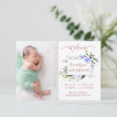 Blue Floral Rose Gold Boy Photo Faire-part de nais (Debout devant)