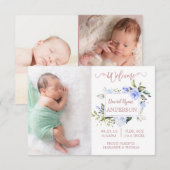 Blue Floral Rose Gold Boy Photo Faire-part de nais (Devant / Derrière)