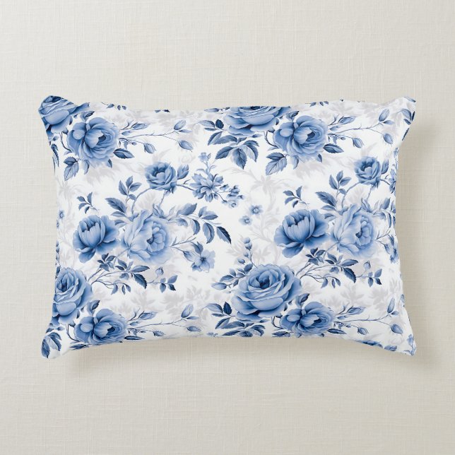 Blue Floral Rose Pattern Throw Pillow Accent Kussen (Voorkant)