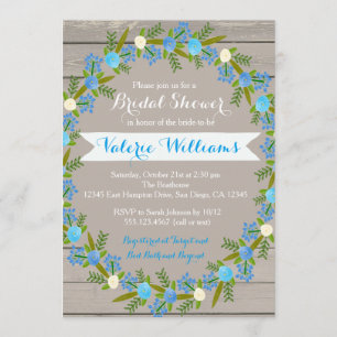 Blue Floral Rustic Bridal Shower Uitnodiging