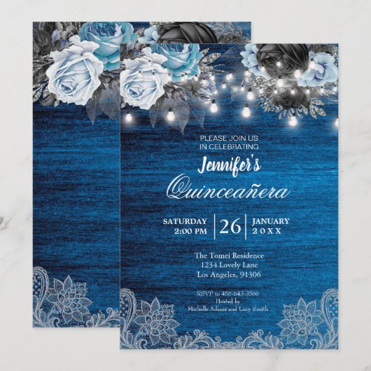 Blue Floral Rustic Quinceanera Uitnodiging (Voorkant / Achterkant)