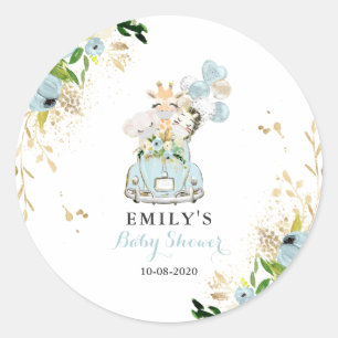 Blue Floral Safari Animals rijden per Baby shower Ronde Sticker