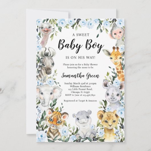 Blue Floral Safari Jungle Baby Shower Kaart (Voorkant)