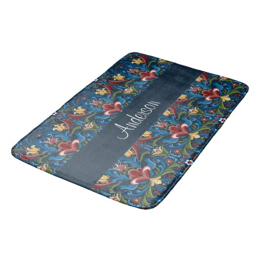 Blue Floral Scandinavian Folk Art Pattern Badmat (Gekanteld)