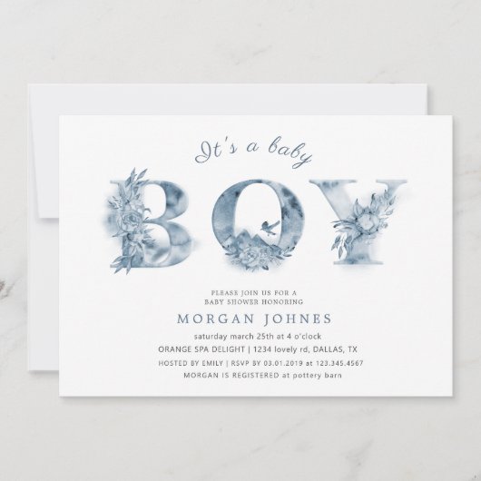 blue floral script baby shower nodigt (Voorkant)