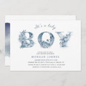 blue floral script baby shower nodigt (Voorkant / Achterkant)