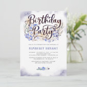 Blue Floral Script Waterverf Verjaardagsfeest Kaart (Staand voorkant)