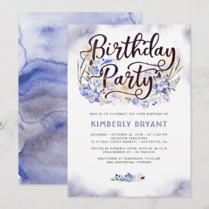 Blue Floral Script Waterverf Verjaardagsfeest Kaart
