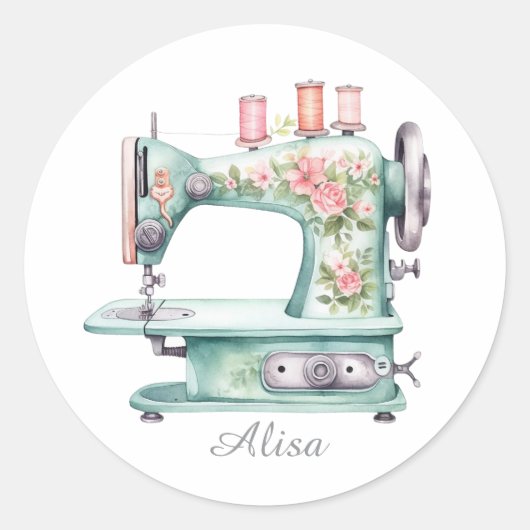 Blue Floral Sewing Machine Round Stickers (Devant)