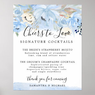 Blue Floral Signature Cocktails Wedding Bar Sign Poster