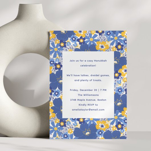 Blue Floral Simple Festive Family Hanukkah Party Kaart