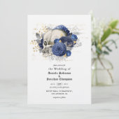 Blue Floral Skull Halloween Gothic Wedding Kaart (Staand voorkant)