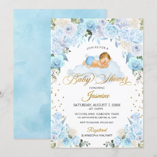 Blue Floral Sleeping Baby shower Invitation Kaart