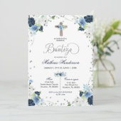 Blue Floral Spain Bautizo Invitacion Kaart (Staand voorkant)