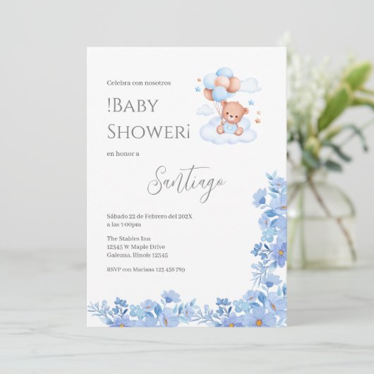 Blue floral Spanish Baby Shower Boy invitation (Debout devant)