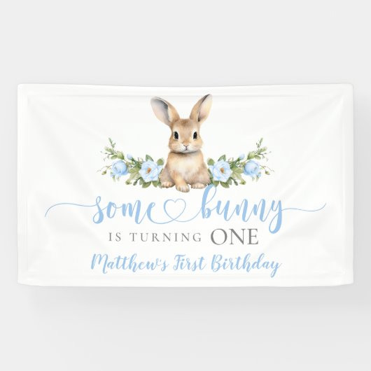 Blue Floral Spring Rabbit Some Bunny 1st Birthday Spandoek (Horizontaal)