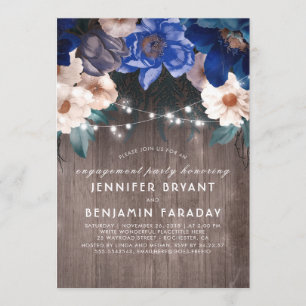 Blue Floral String Lights Rustic Engagement Party Kaart