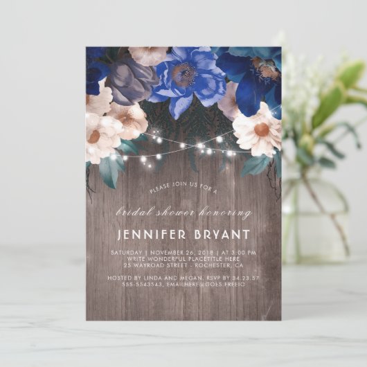 Blue Floral String Lights Rustiek Vrijgezellenfees Kaart (Staand voorkant)