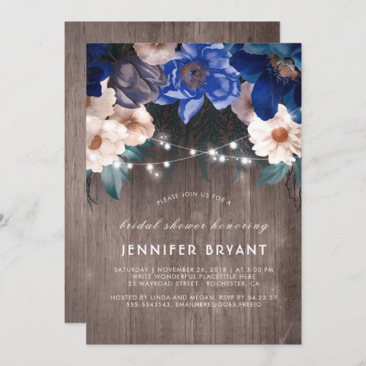 Blue Floral String Lights Rustiek Vrijgezellenfees Kaart (Voorkant / Achterkant)