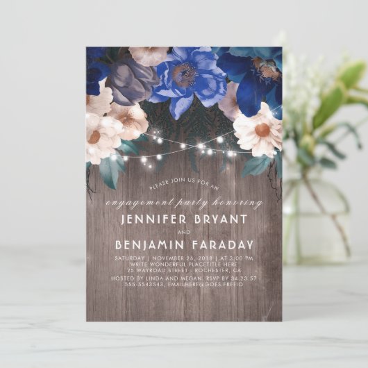 Blue Floral String Lights Rustieke Engagement Part Kaart (Staand voorkant)