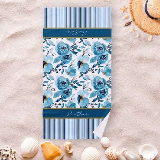  Blue Floral Striped Personalized Strandlaken