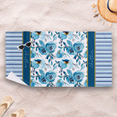  Blue Floral Striped Personalized Strandlaken