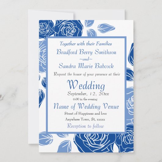 Blue Floral Stylish Roos Chic Simple Wedding Kaart (Voorkant)