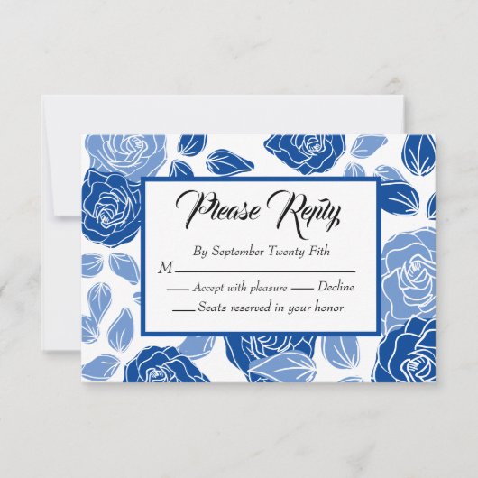 Blue Floral Stylish Roos Chic Simple Wedding RSVP Kaartje (Voorkant)