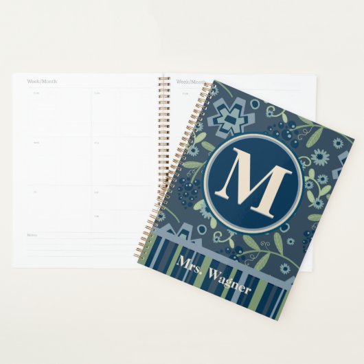 Blue Floral Teacher Gepersonaliseerde Monogram Naa Planner (Display)