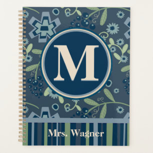 Blue Floral Teacher Gepersonaliseerde Monogram Naa Planner