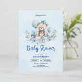 Blue Floral Teddy Bear Baby shower Kaart (Staand voorkant)
