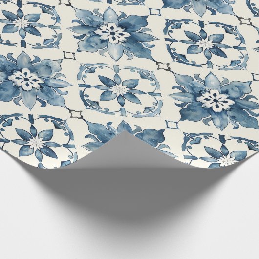 Blue Floral Tile Pattern Gift Wrap Cadeaupapier (Hoek)