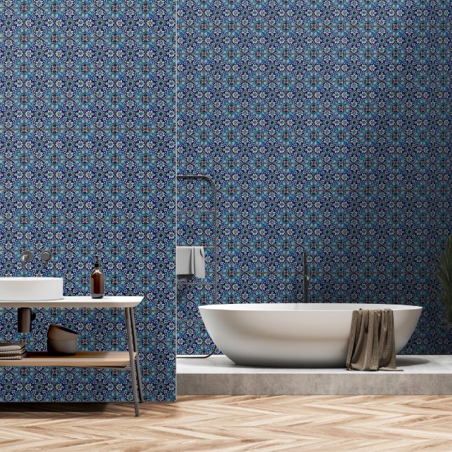Blue Floral Tiles Behang (Badkamer)
