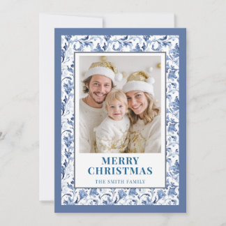 Blue Floral Toile Christmas Photo Holiday Card Feestdagenkaart
