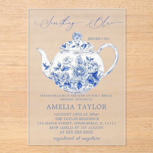 Blue Floral Toile Vrijgezellenfeest Clear Acryl Uitnodigingen (Voorkant)