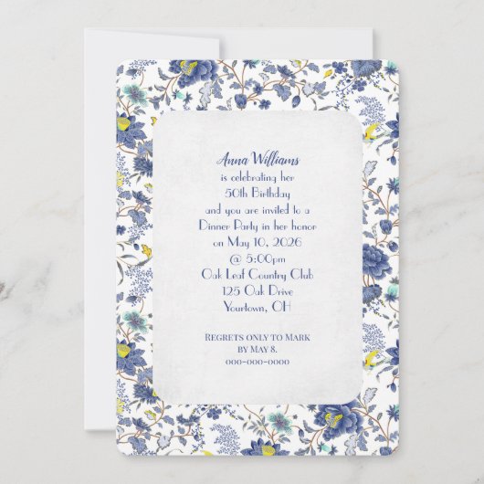 Blue Floral verjaardagsfeestje uitnodigen Kaart (Voorkant)