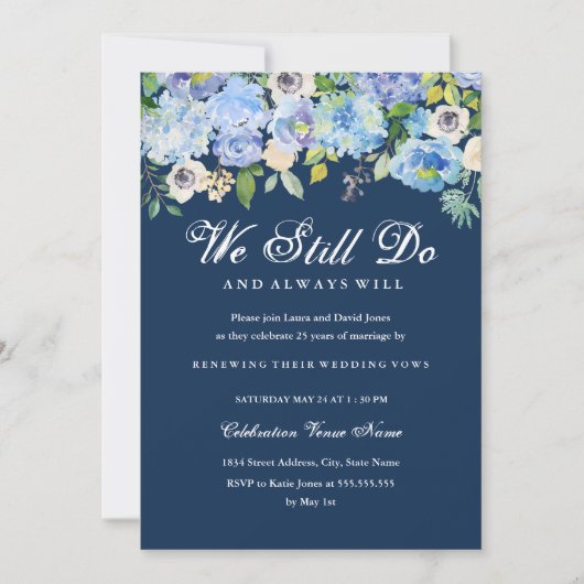 Blue Floral Vow Renewal Jubileum Invitation Kaart (Voorkant)