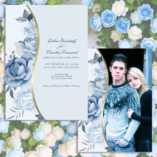 Blue Floral w/Custom Photo Wedding Invitation  Kaart