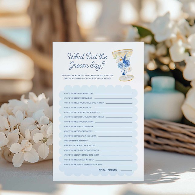 Blue Floral Wat deed het bruidsspel van de bruideg (What did the groom say blue floral bridal shower game)