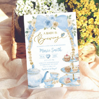 blue floral watercolor baby shower tea coquette kaart