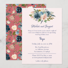 Blue Floral Waterverf Mehndi Sangeet Garba Invite Kaart