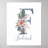 Blue Floral Waterverf Monogram Achternaam Poster (Voorkant)